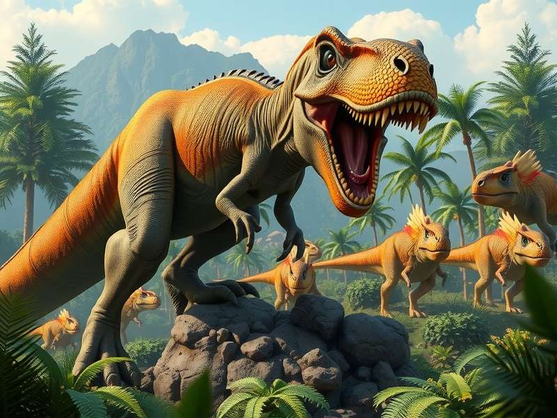 A panoramic view of the Jurass Valley with diverse dinosaurs roaming freely