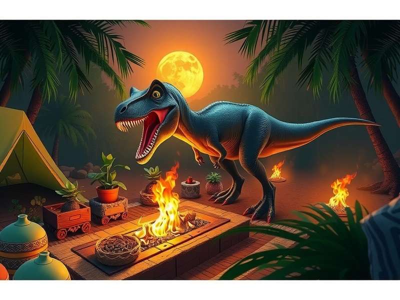 Jurassic World Campamento Cret Cico gameplay scene featuring a lush jungle and a T-Rex silhouette