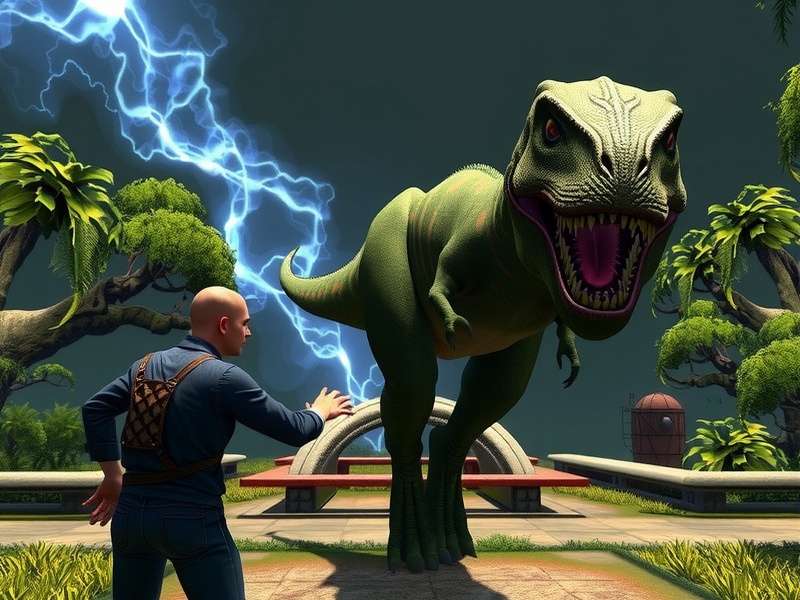 Jurassic World Chaos Theory – an epic view of Isla Nublar with dinosaurs roaming freely