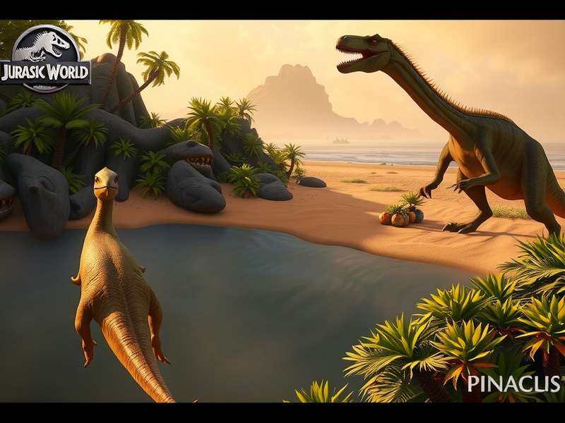 Jurassic World El Renacer game poster featuring a Tyrannosaurus rex in a lush jungle environment