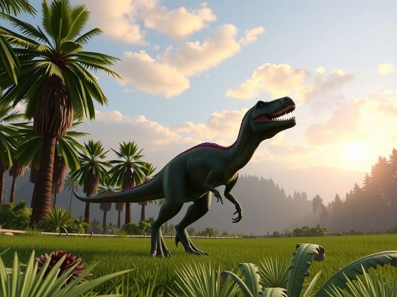 Jurassic World Evolution park management overview showing dinosaurs and park buildings