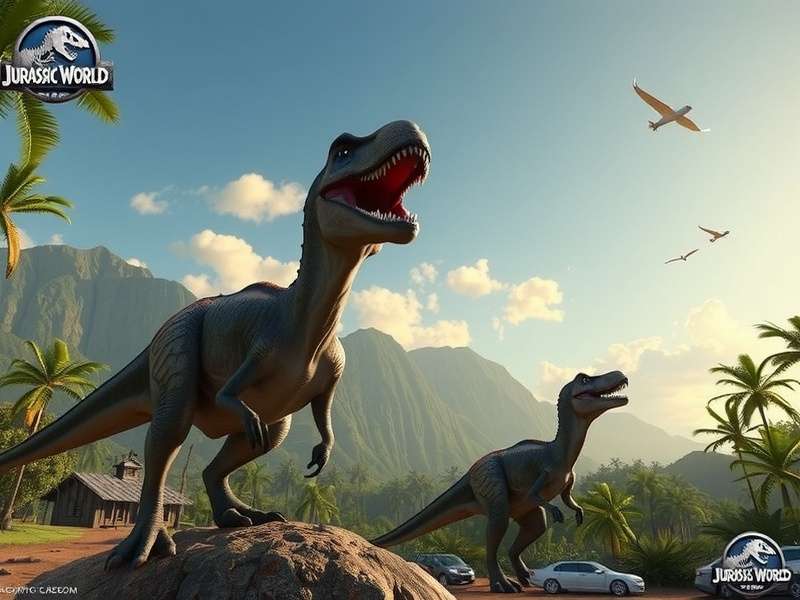 A dramatic scene of dinosaurs roaming in a lush Jurassic World landscape