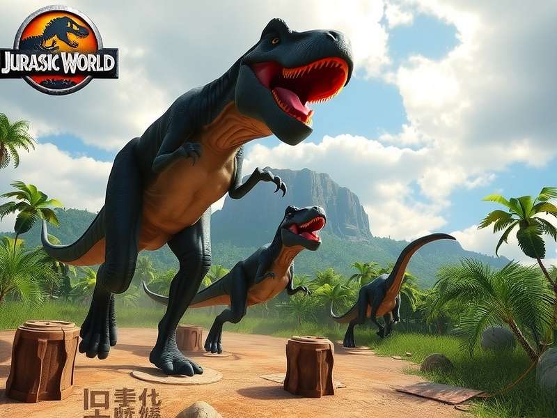 Jurassic World Game park overview with dinosaurs and buildings