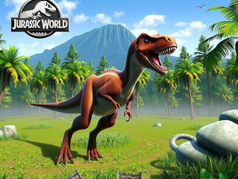 Jurassic World Izle — A breathtaking aerial view of Isla Nublar with dinosaurs roaming freely