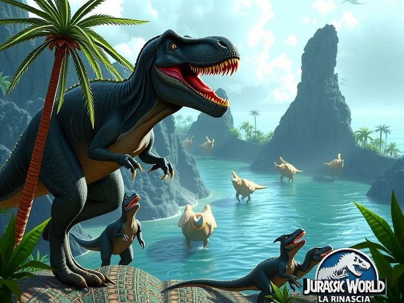Jurassic World La Rinascita key art featuring the iconic T-Rex and the new British Isles landscape
