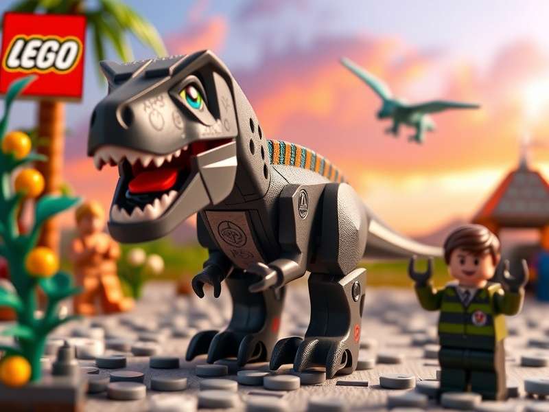 Jurassic World Lego brick-built dinosaur and minifigures on a forest display