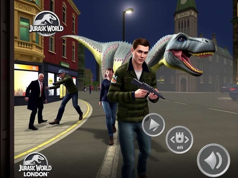 Jurassic World London skyline with dinosaurs roaming near the Thames, iconic UK landmarks visible
