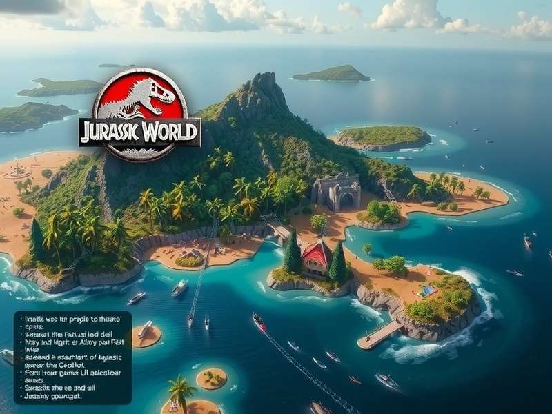 Jurassic World Map biome overview showing six major zones across Isla Nublar with colour-coded regions.