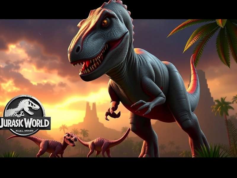 Jurassic World Fallen Kingdom - Majestic dinosaurs roaming Isla Nublar with volcanic eruption in background