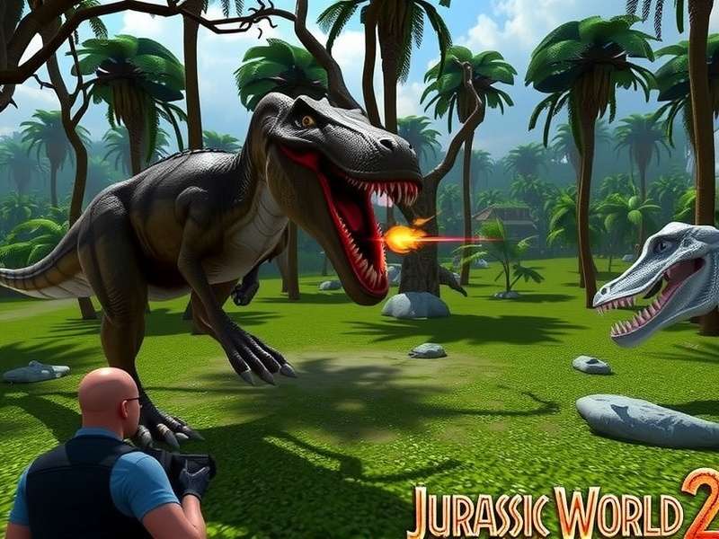 Jurassic World 2 game banner — Isla Nublar landscape with dinosaurs
