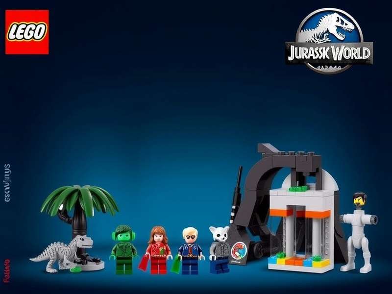 Jurassic World Lego Sets displayed on a desk with dinosaurs and minifigures