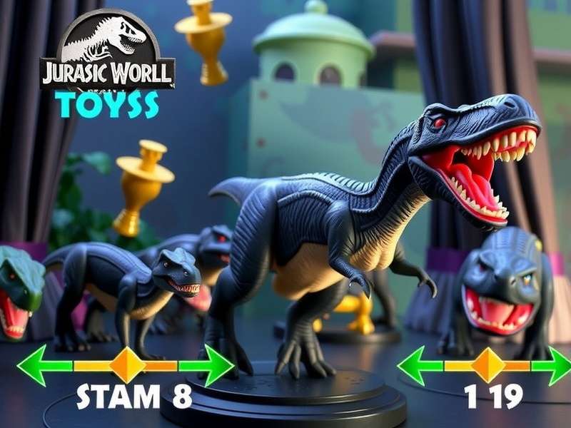 A curated display of rare Jurassic World Toys including dinosaurs, action figures, and playsets