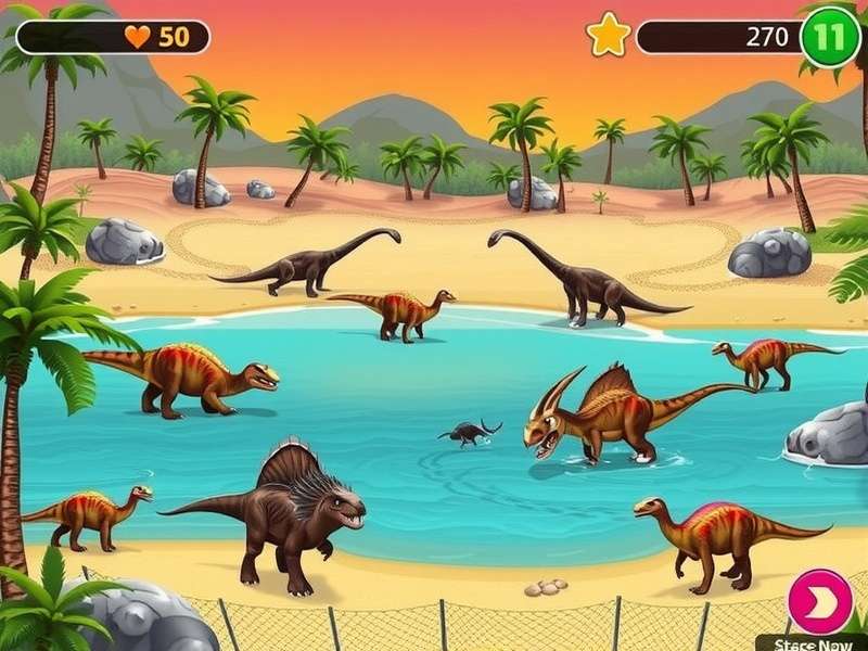 Dinosaurios Jurassic World banner featuring iconic dinosaurs and lush Isla Nublar landscape