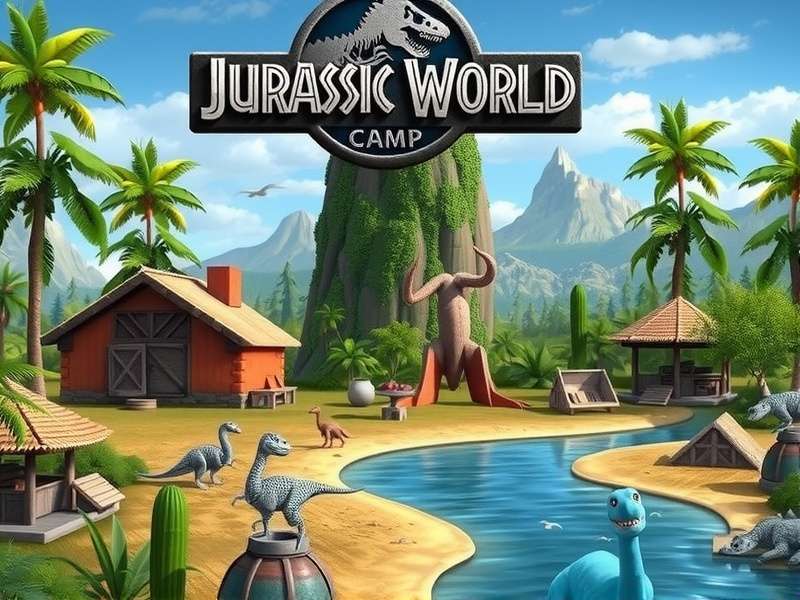 Jurassic World Camp Cretaceous island landscape with dinosaurs roaming freely in the misty jungle