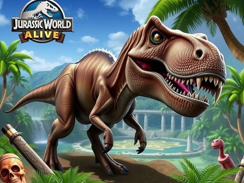 Jurassic World Alive game banner with dinosaurs and augmented reality gameplay