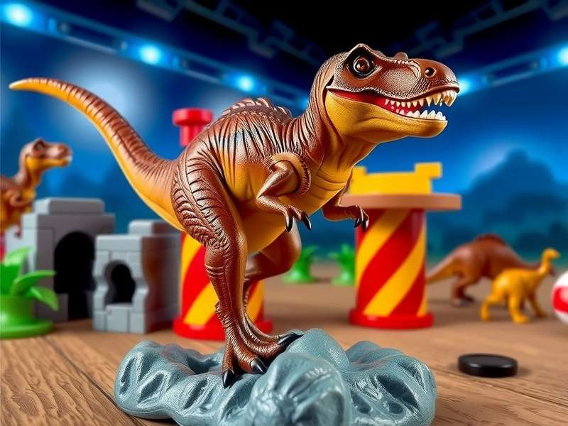 Jurassic World Mattel collection of dinosaur figures and playsets displayed on a wooden shelf