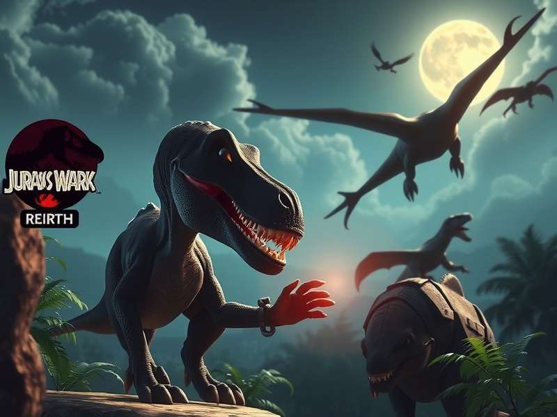 A breathtaking aerial view of a thriving Jurassic World park at sunset, with dinosaurs roaming freely across lush green enclosures and state-of-the-art visitor facilities.