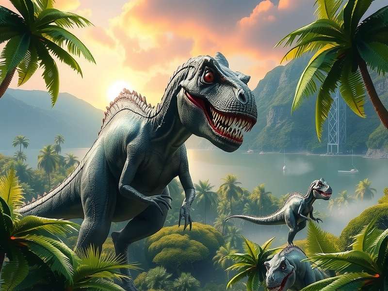 Jurassic World El Reino Ca Do epic landscape with dinosaurs roaming the Isla Nublar valley