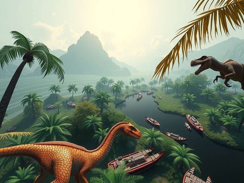 Jurassic World Isla Nublar landscape with dinosaurs roaming freely in a lush prehistoric environment