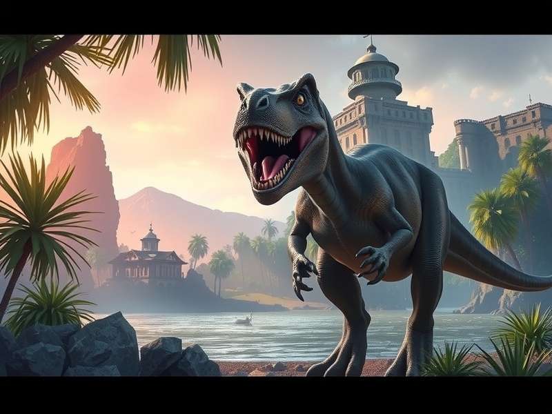 Jurassic Park and Jurassic World montage with dinosaurs and lush island landscape